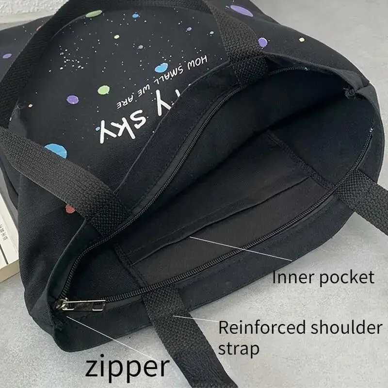 Starry Sky Pattern Canvas Bag Fashion Zipper Tote Bag Trendy Shoulder Bag for School Shopping G250729