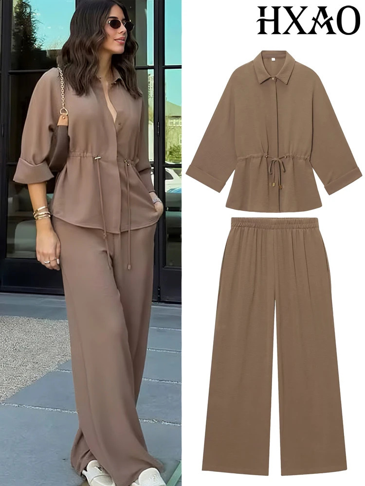 Pant sets Summer Womens Suit Shirts Blouses Tops Trouser Two Pieces Set Brown Shortsleeved Shirt Female Pantsuit 250724