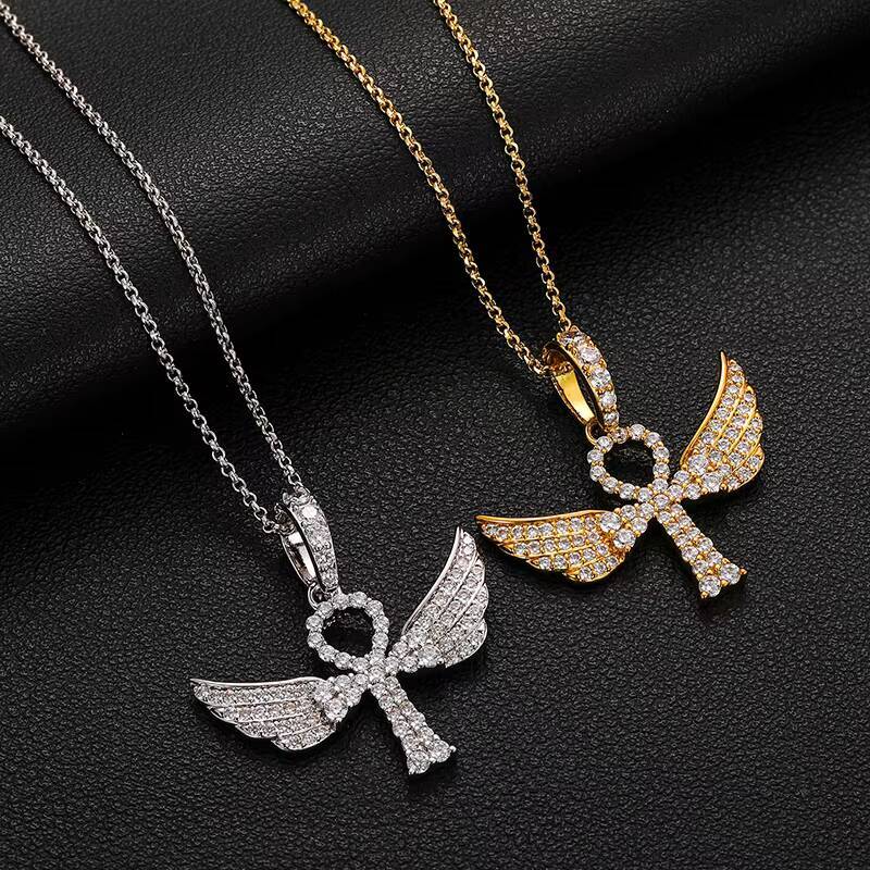 Newest Design Wing Shape Cross Pendant 18K Gold Plated 925 Sterling Silver VVS Moissanite Diamond Hip Hop Cross Pendant Necklace