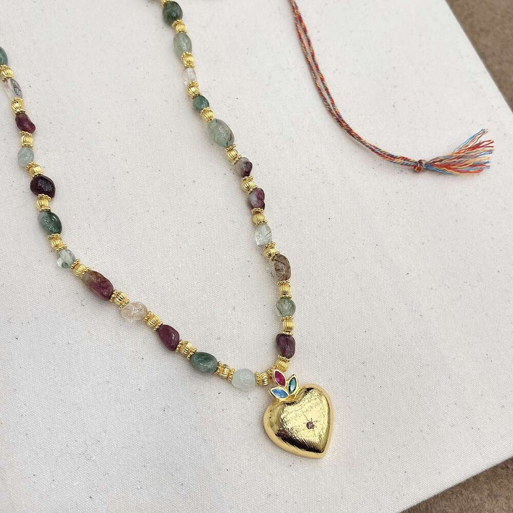 New Chinese Style Colorful Beaded Heart Pendant Stone Set Necklace Dopamine Collarbone Chain High-End Personality Fashion e2b