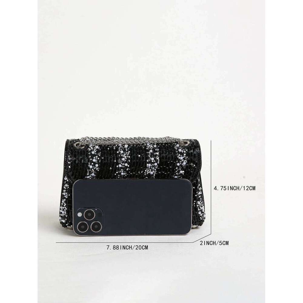 1PC Sier Square Bag,Glitter Bling,Shiny Glamorous,Elegant,Exquisite Big Rhinestone Chain Decor Shoulder Evening Bag, Top Two-w