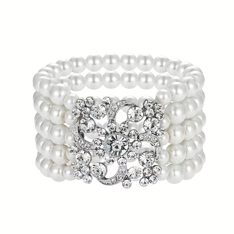 Korean Fashion Women's Three-layer Rhinestone Pearl Designer Bracelet Bracelet Elegant Sparkling Multi-layer Elastic Bracelet Madam