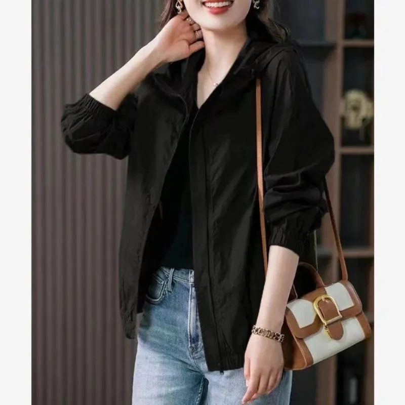Spring Autumn Thin Women Jackets Casual Short Coats Long Sleeve Solid Hooded Windbreaker Loose Fashion Sunscreen Outwear 250728