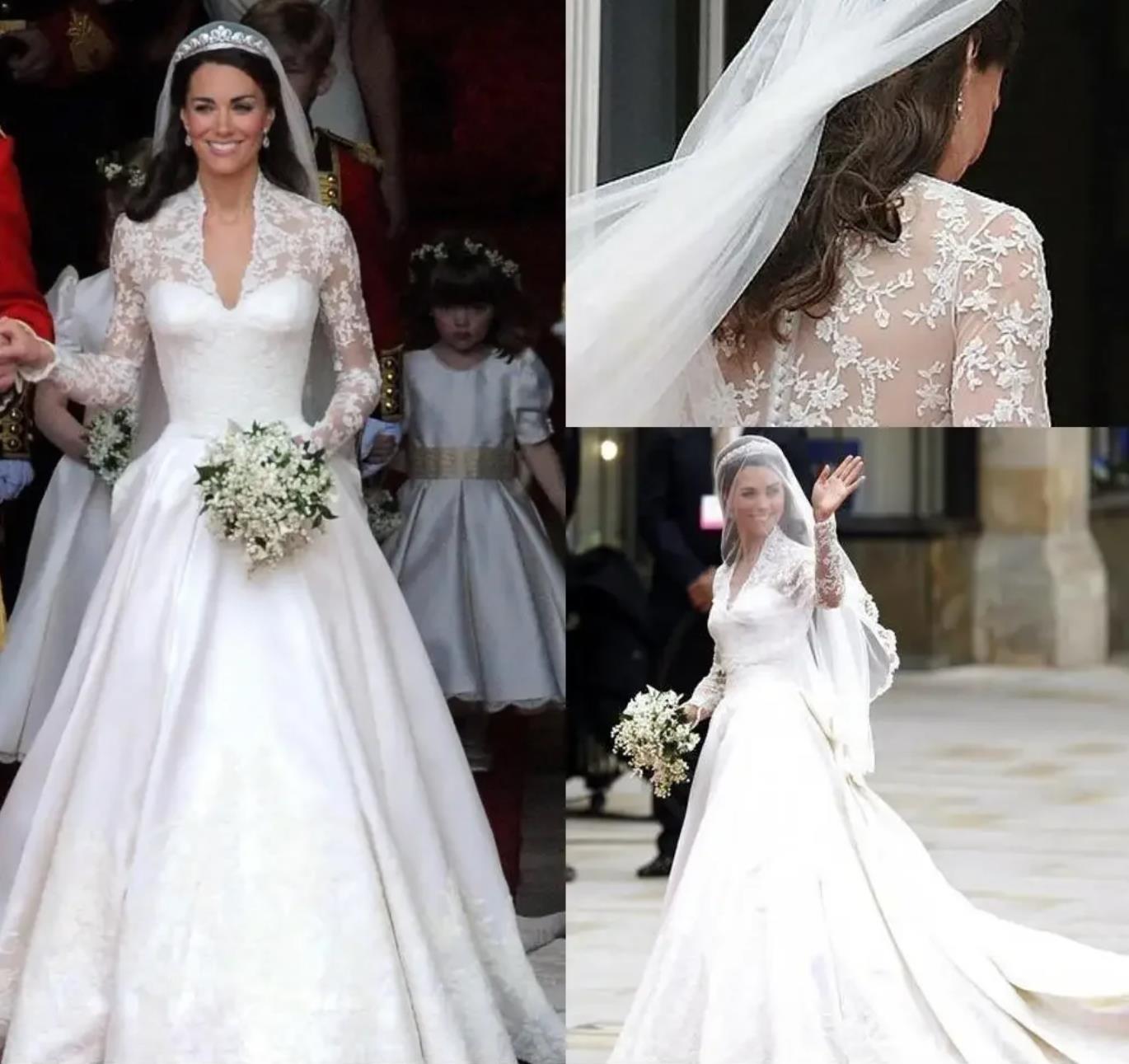 customized White A Line Wedding Dresses V Neck Sheer illusion Long Sleeves Appliqued Lace stain Kate Middleton Buttons Back Royal Bridal Gown