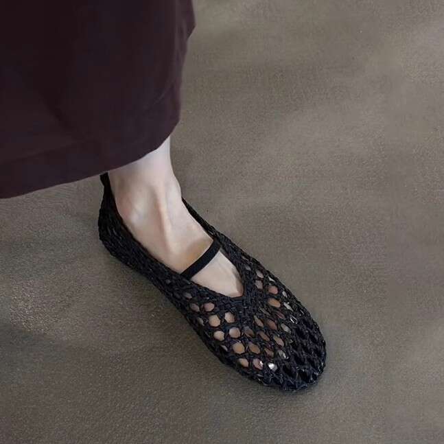 French Style Silver Woven Hollow Breathable Niche Flat Sandals Summer Shallow Mouth One-Strap Round Toe Single Shoes for Women