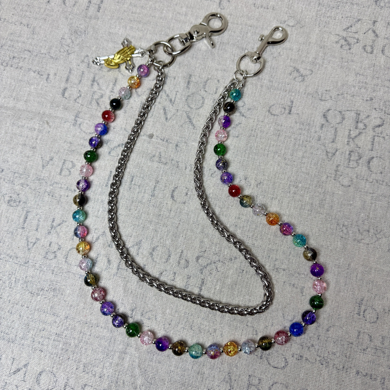 Original handmade punk style neutral denim pants chain colorful round bead fashion bag pendant 250730