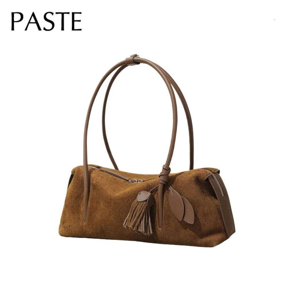 2026 Winter New Collection Tassel Design Lazy Bowling Tote Cherry Red Coffee Suede Cow Leather Women Armpit Shoulder Bag