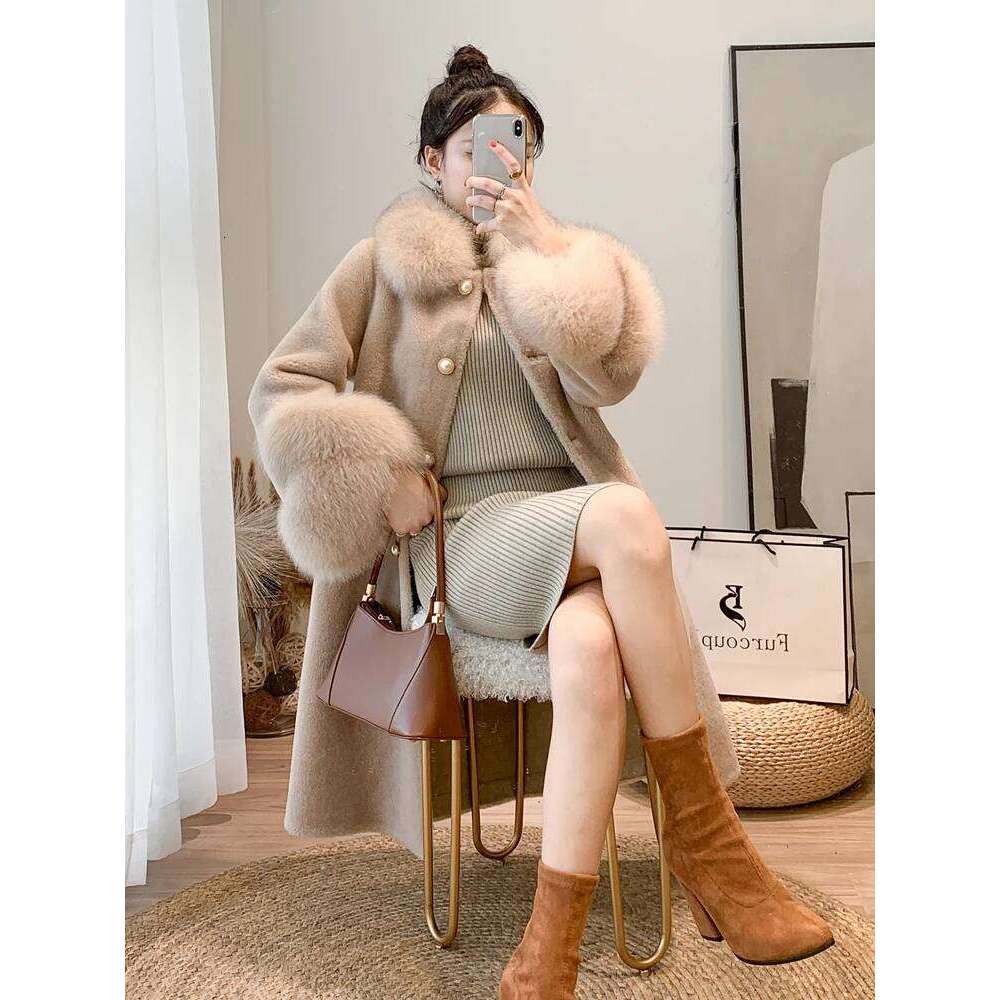 Designer Clothing FURYOUME Long Real Coat For Women Casual Jacket Sheep Shearing Wool Blends Fox Fur Collar Thick Warm Outerwear Winter New Fashion