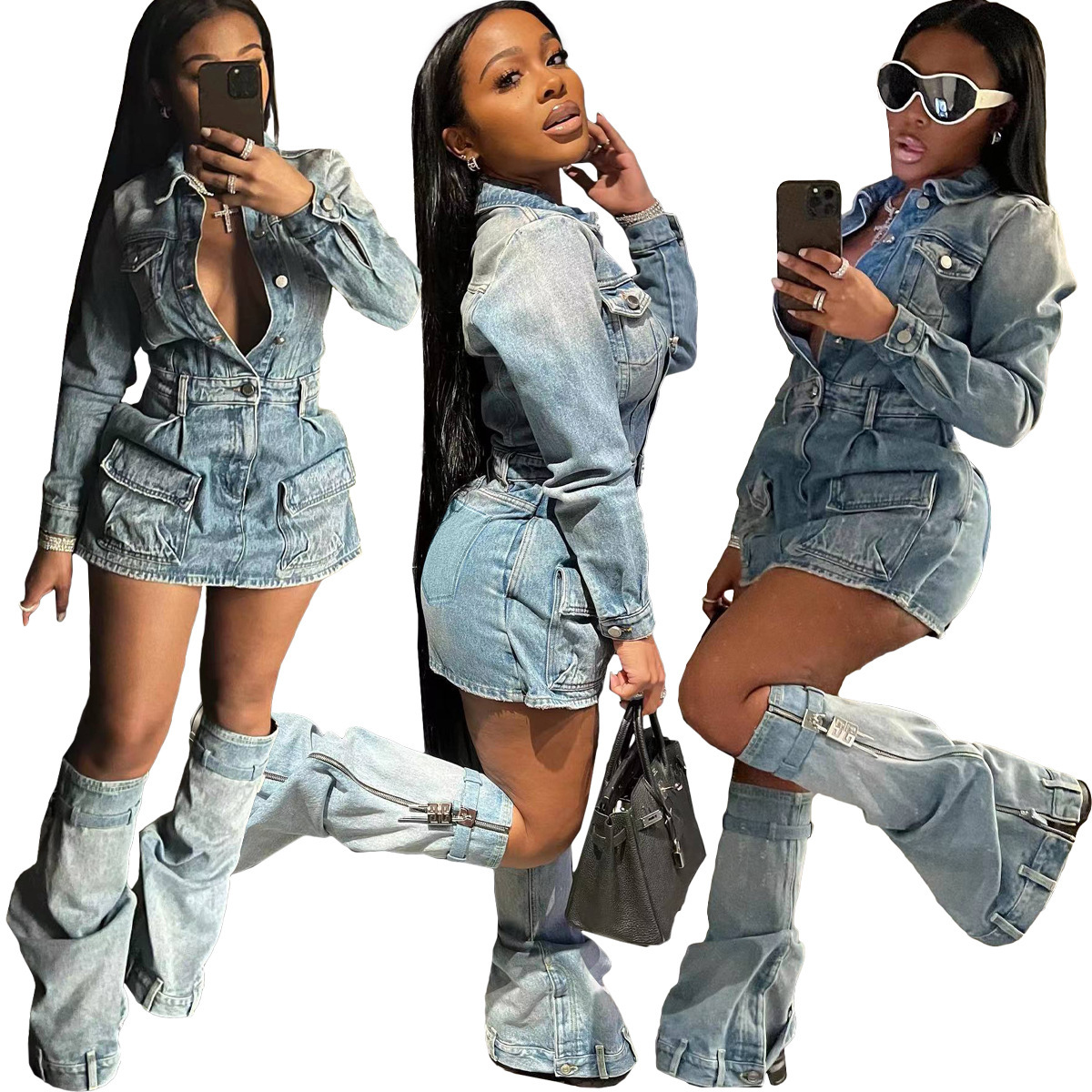 NY8150 Womens Sexy Multi Pocket Wash Denim Dress Three Piece Set (Including Trouser Legs)