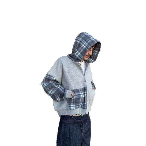 American Style Hooded Plaid Sweatshirt Cardigan for Men 2025 Spring and Autumn New Printed Loose Jacket Top