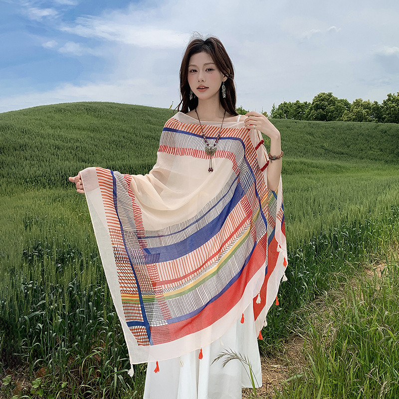 K1539 Colorful square button shawl sunscreen scarf outer wear women's spring and summer thin travel seaside beach scarf cloak