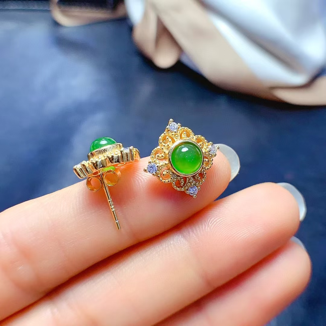 Natural green jade stud earrings for daily wear 5mm genuine jade 925 silver earrings with 18K gold plating