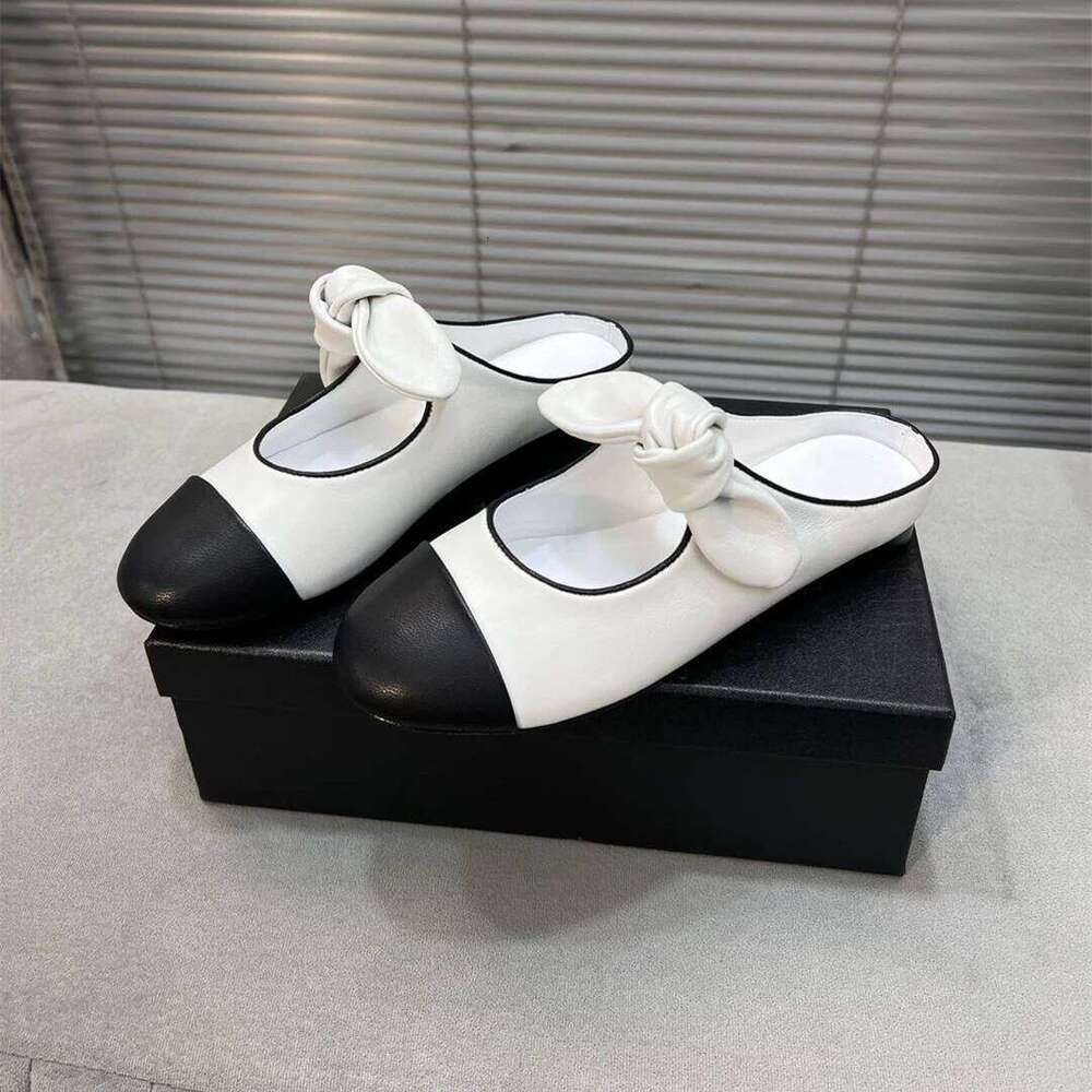New Women Size35-41 Genuine Leather Slippers Low Heels Butterfly Knot Mules Round Toes Designer Shoes Zapatillas De Mujer 74f