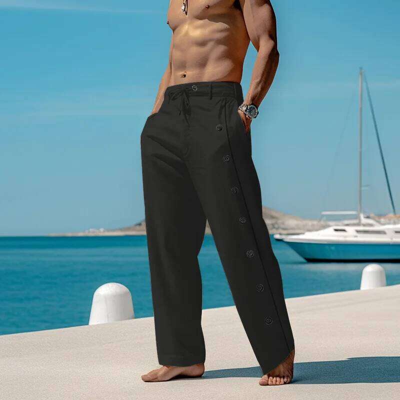 Fashion Men's Cotton Linen Casual Pants Side Buttoned Loose Ventilate Long Trousers Streetwear Spring Summer Beach Pant Male