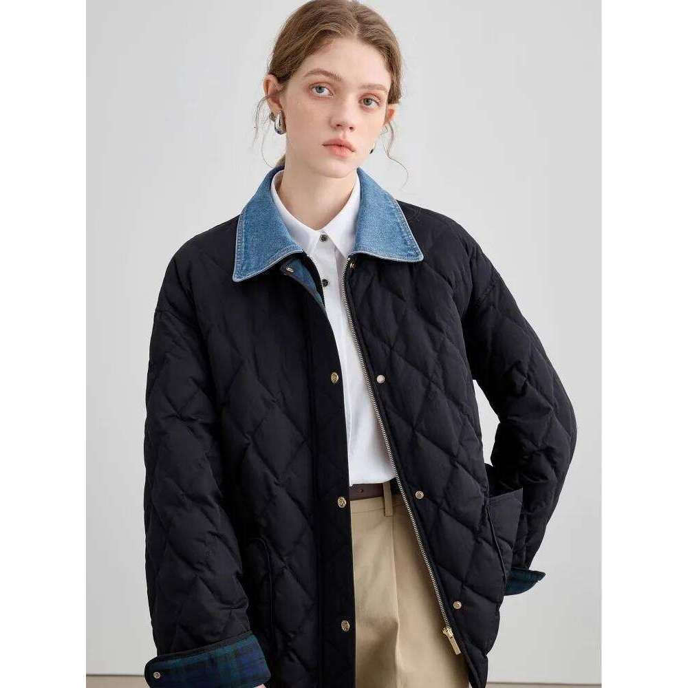 Cowboy Dia Grid For Women's Autumn Winter New Style, High-End And Fake Two-Piece Splicing Cotton Jacket 250728