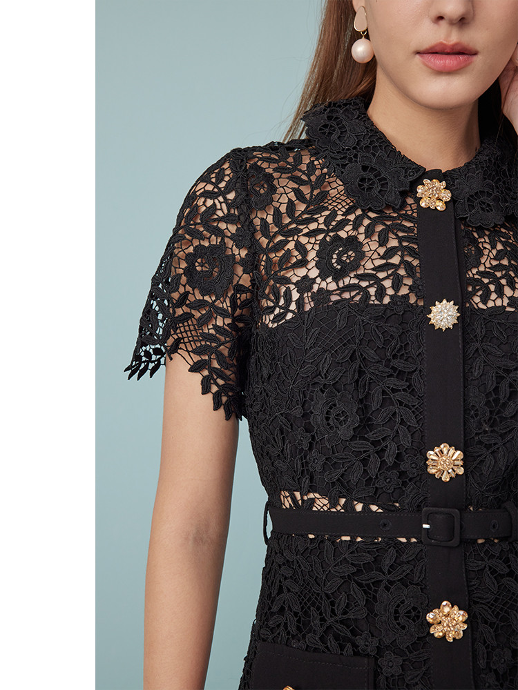 Summer New Elegant French Hollow Hot Diamond Button Midi Dress Water-Soluble Lace Dress Party Summer Resort Wear Office Women Clothing 6116474