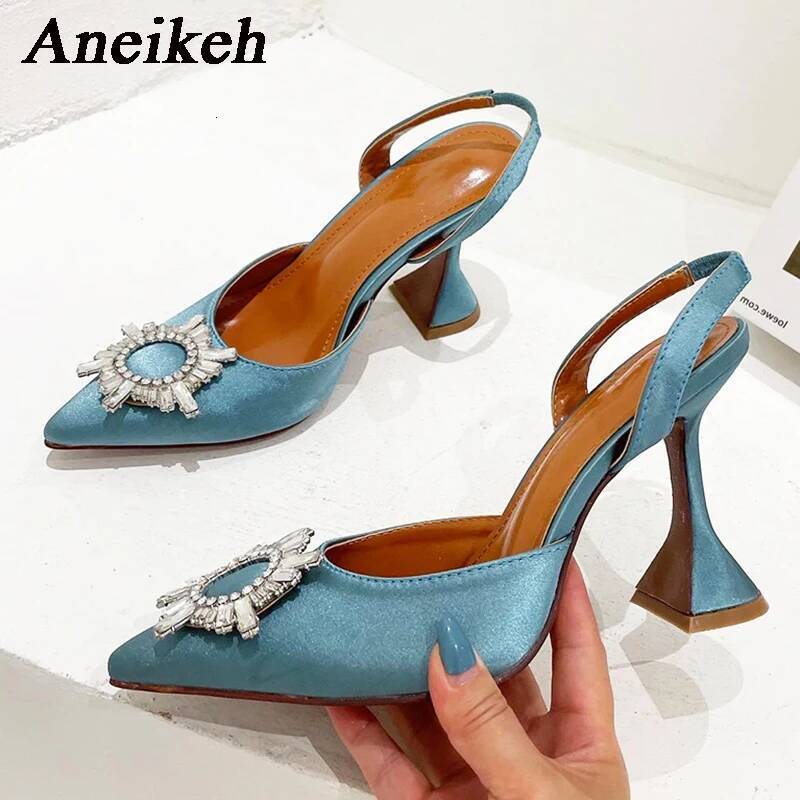 Aneikeh Brand Women Silk Crystal Butterfly Knot High Heels Summer Pointed Shoes Triangle Heeled Bride Pumps
