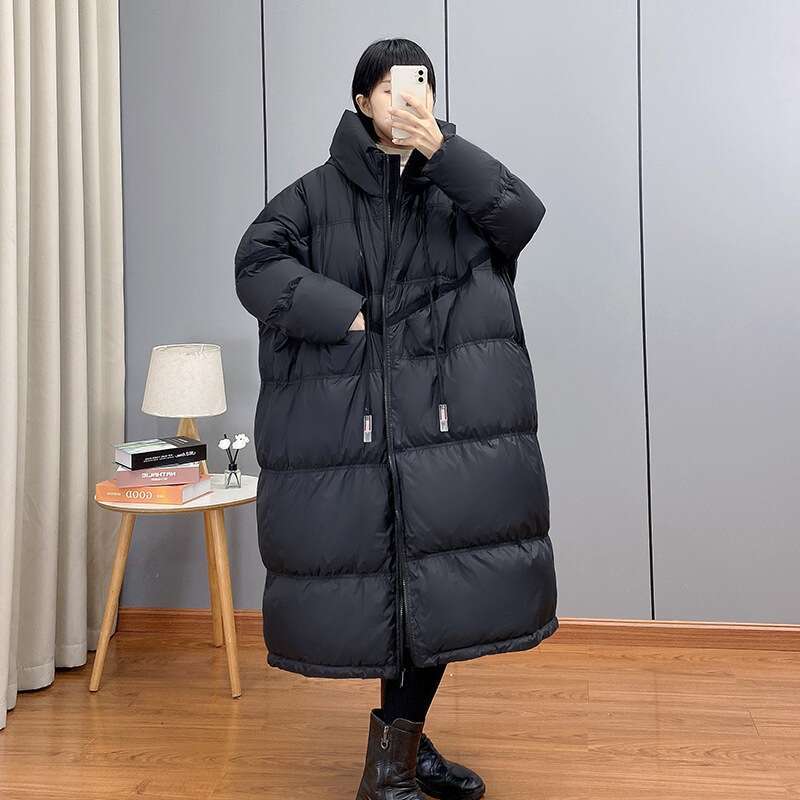 Designer Clothing 2025 Janveny 2025 New Winter Hooded Drawstring Loose Puffer Jacket Women Solid Casual Silhouette Long 90% White Duck Down Warm Coat