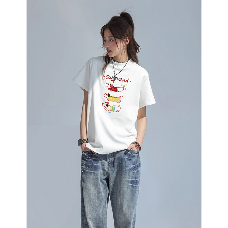 2025 Fashion White Short sleeved Women's T-shirt Loose Multi functional Cartoon Printed Short sleeved New Summer College Style Top New Designer T