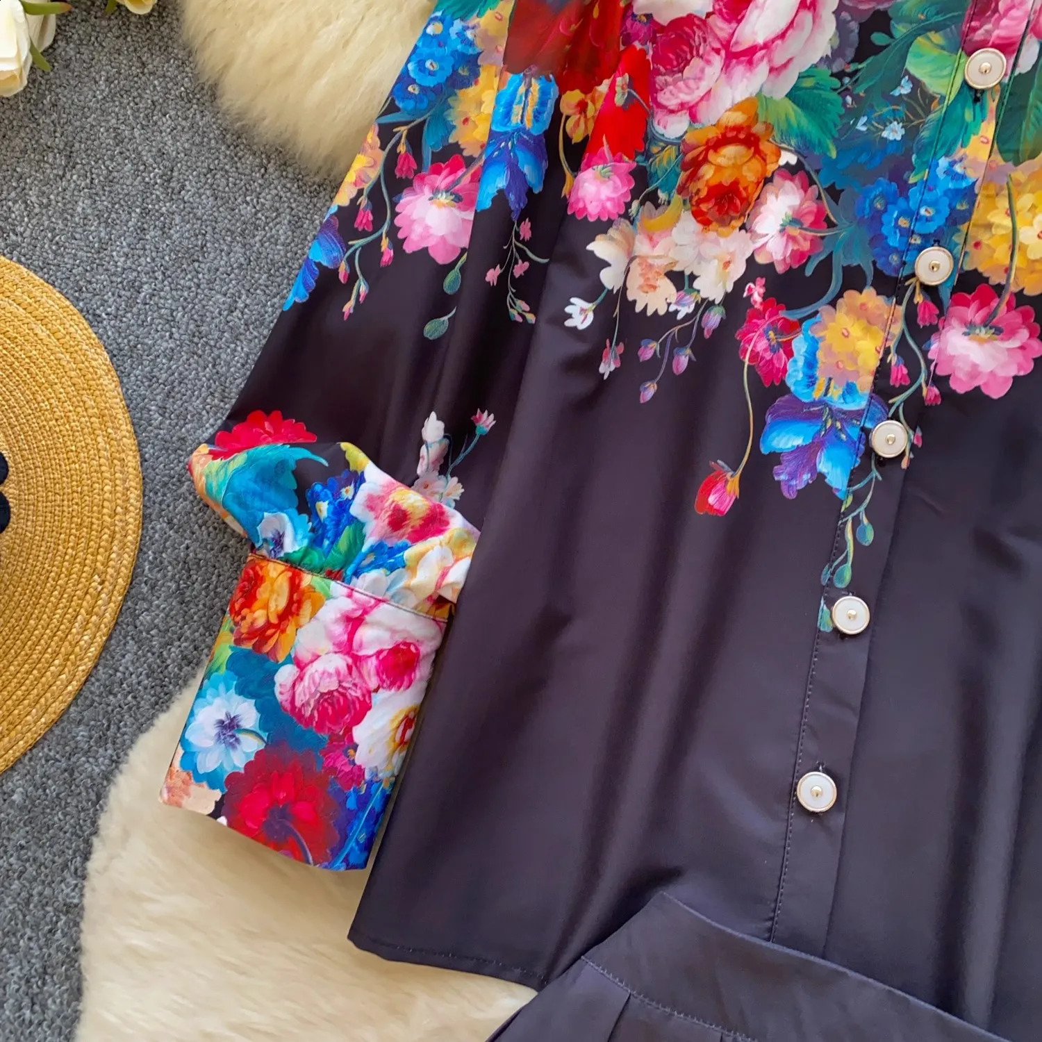 Floral Vintage 2 Piece Sets 2025 Women Clothing Long Lantern Sleeve Blouses High Waist Pleated Skirt Suit Chic Summer Outfits 250728
