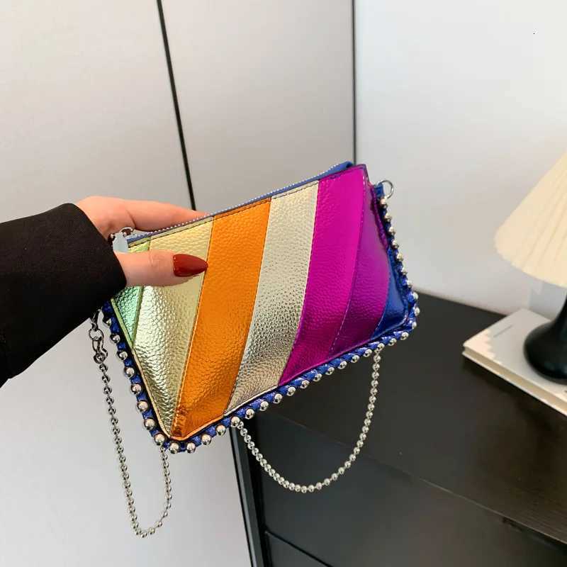 Womens New Splicing Rainbow Striped Small Square Bag Bead Chain Shoulder Bag Fashionable Messenger Bag Handbags Y250730