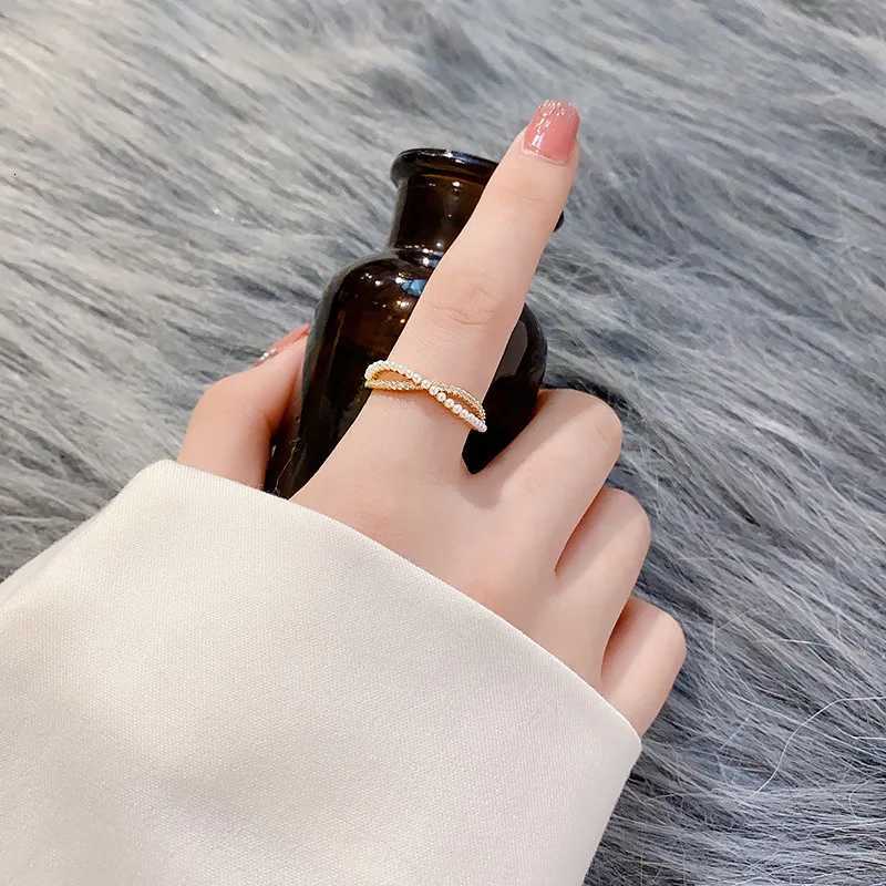 Stainless Steel Temperament Pearl and Zircon Double Layer Crossing Rings for Women Luxury Finger Jewelry Bride Gift Colorfast y250730