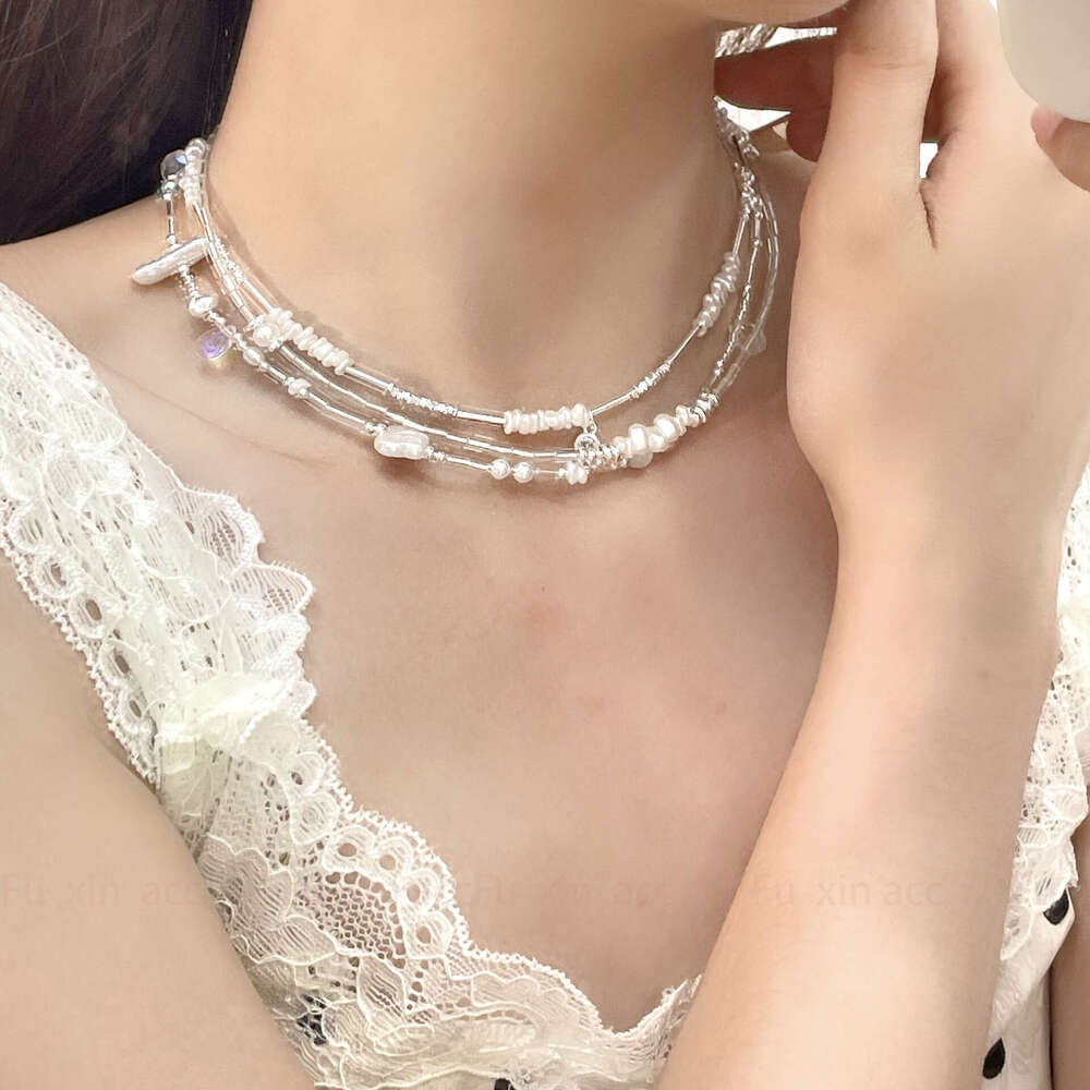 Girlish Irregular Pearl Fragment Sier Necklace for Women, Light Niche Design, Elegant Simple High-end Clavicle Chain 9a5