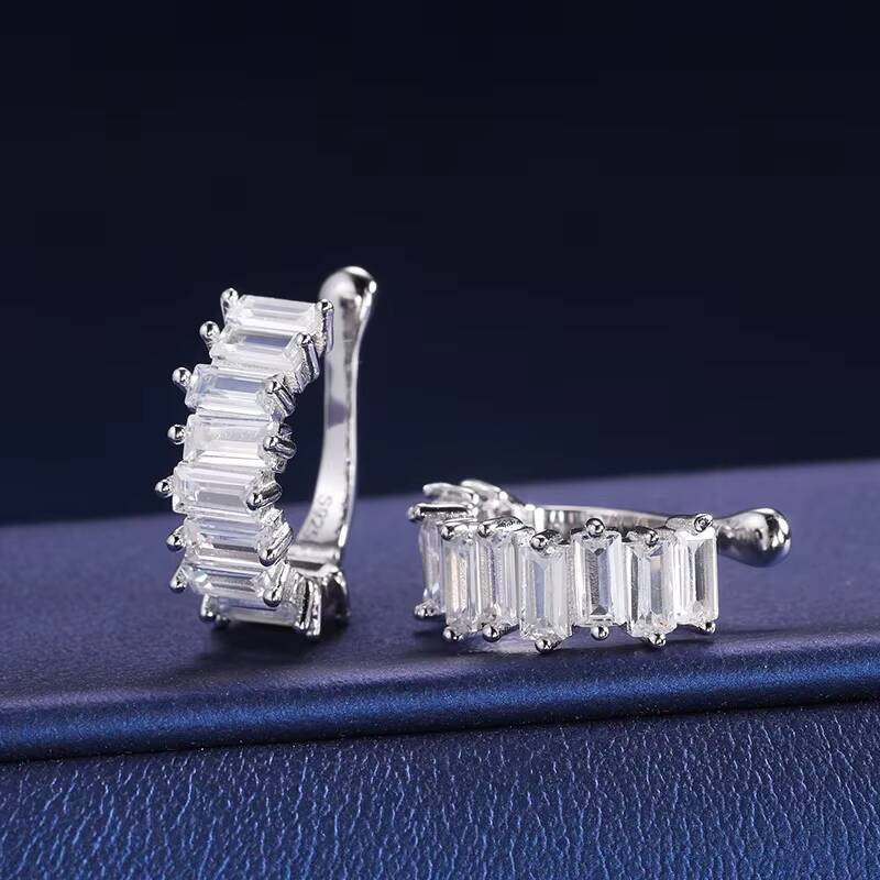 925 Sterling Silver Baguette Zircon Earrings Ins Hot Sells Iced Out Emerald Cut Diamond Cuff Earrings for Men Women