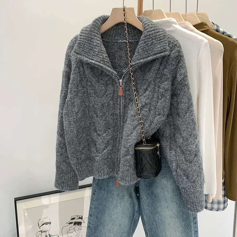 Women Autumn Winter Lazy Style Loose Knitted Cardigan Retro Solid Color Double Zipper Turndown Collar Sweater Top 250730