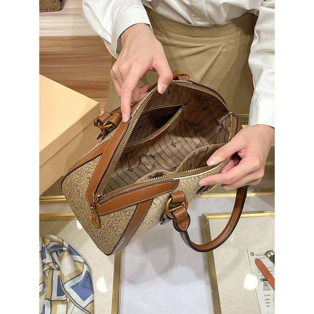 Khaki Retro Leather Women's Handbag Fashion Geometric Floral Shoulder Bag Hundred Splicing Color Collision Girls Crossbody