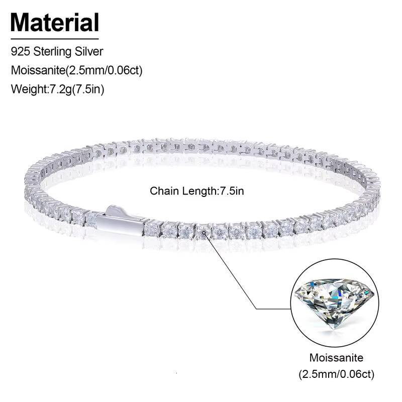 Factory Price Diamond 2mm 2.5mm Tennis Chain 925 Silver Vvs Moissanite Hip Hop Iced Out Tennis Bracelet