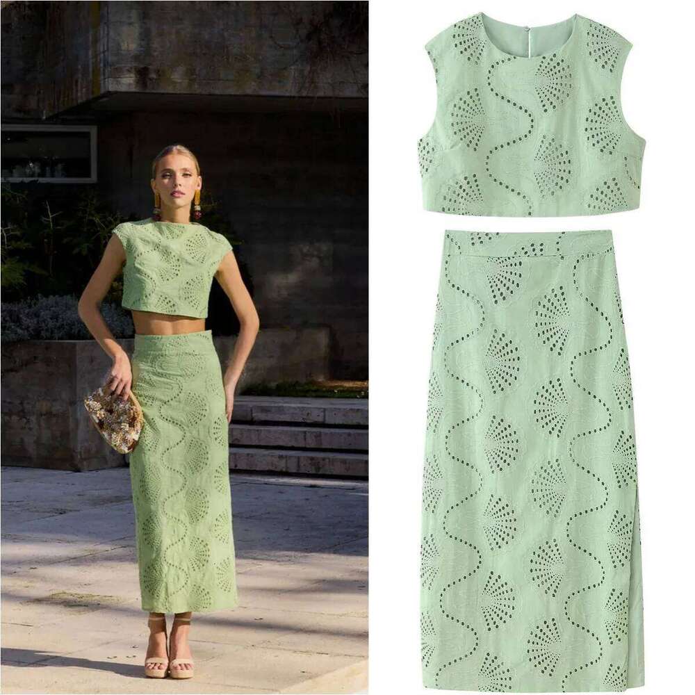 new TRAF women's elegant and gentle hollow embroidery round neck jacket & high waist slit skirt fashion casual suit