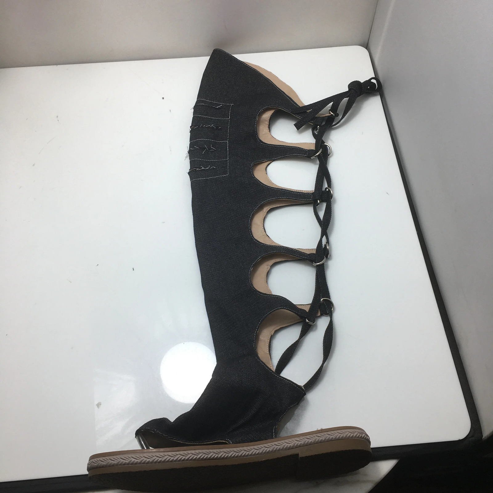 ANOVISHANA Women Gladiator shoes Denim jeans summer boots Low heels Over the knee high boots lady blue shoes Clip toe size 43 250729