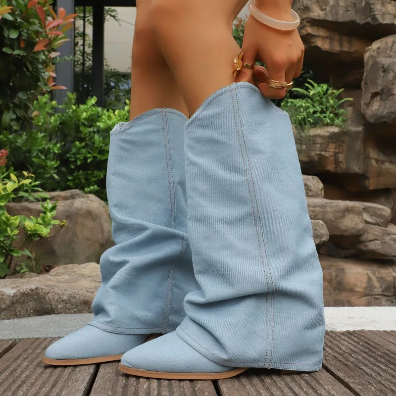 Trouser Heel Boots Women Pointed Toe Block Heel Vintage Versatile No Knee Western Denim Tall Knight Boots 250729