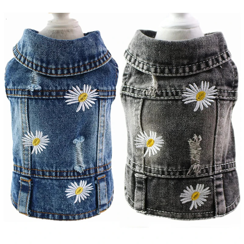 Daisy Embroidery Dog Clothes for Small Medium Dogs Vintage Washed Dog Jeans Jacket Pet Sleeveless Vest Denim Coat Outfits 250729