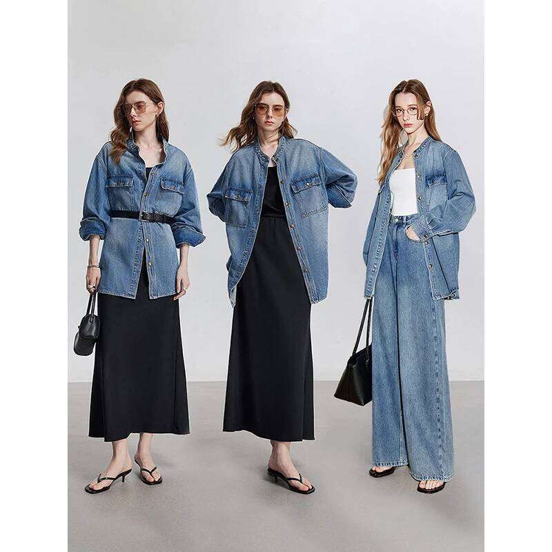 TOYOUTH Women Denim Jacket 2025 Spring New Pocket Stand Collar Workwear Single Breasted Button Streetwear Outwear Coat 250728