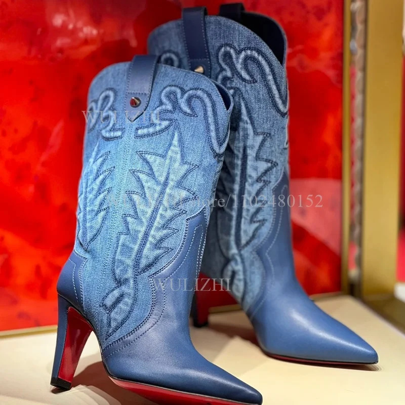 Denim Blue Totem Calf Boots Women Pointed Stilettos Red Heels Winter Zipper Casual Weave Office Lady n Graffiti Shoe 250729