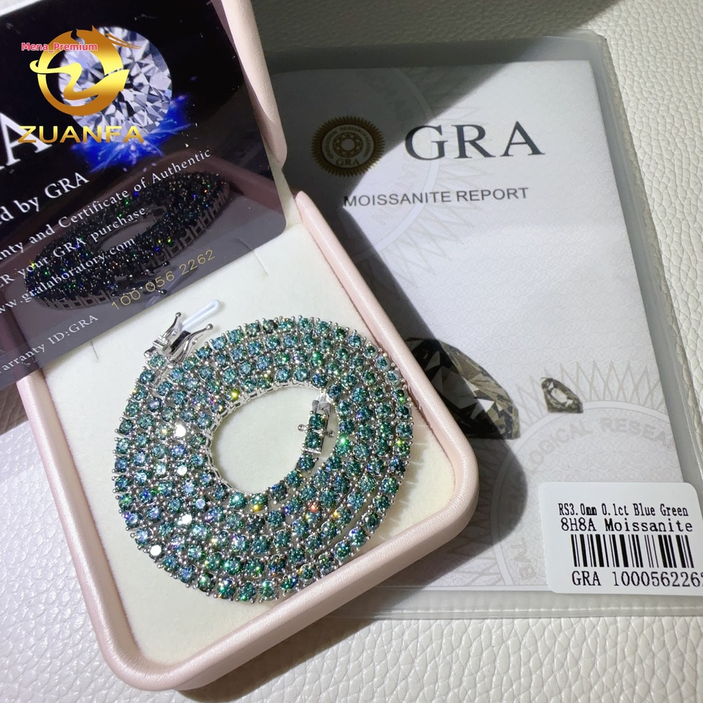 Pass Diamond Tester Luxury Fashion Jewelry 925 Sterling Silver Green Blue Colour Vvs Moissanite Lab Diamond Tennis Chain