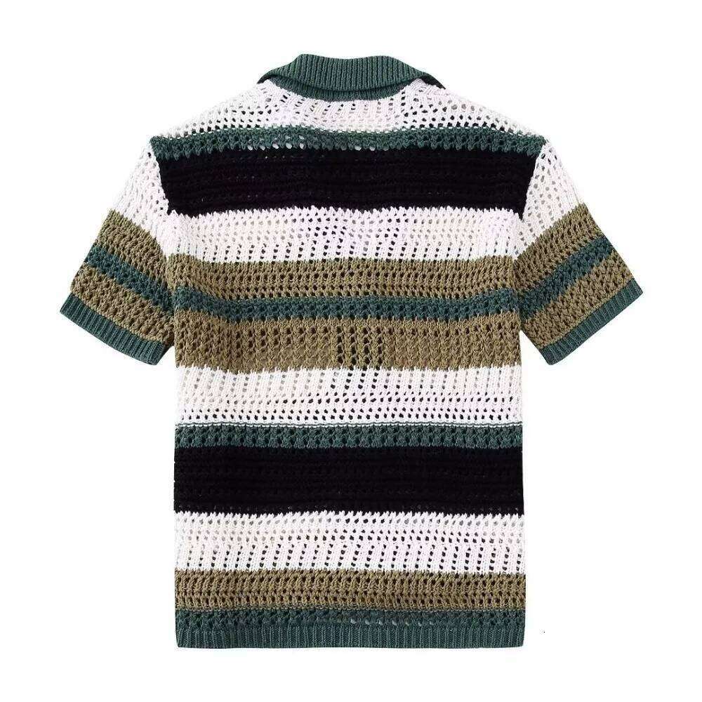 Designer Clothing 2025 Aoaiiys Striped Knitted Women's Short Sleeve Sweater Turn-Down Collar Fashion Single Breasted Elegant Summer Cardigans