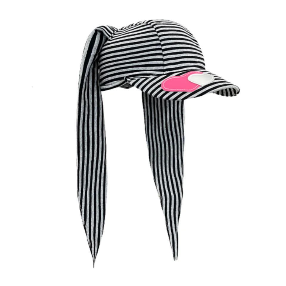Fashion Rabbit Bunny Ears Baseball Cap Y2K Sunscreen Lop Ear Cap Punk Peaked Heart Stripe Hat Girl 250730