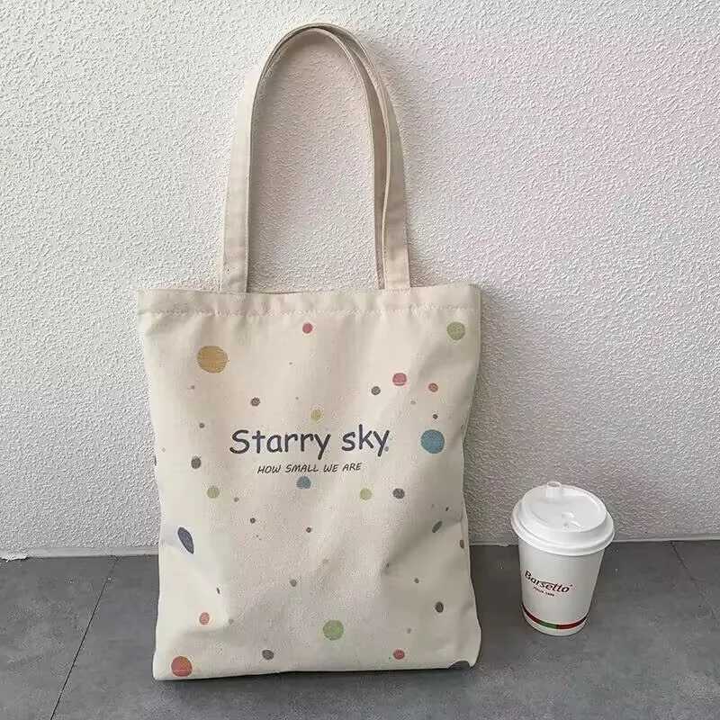 Starry Sky Pattern Canvas Bag Fashion Zipper Tote Bag Trendy Shoulder Bag for School Shopping G250729