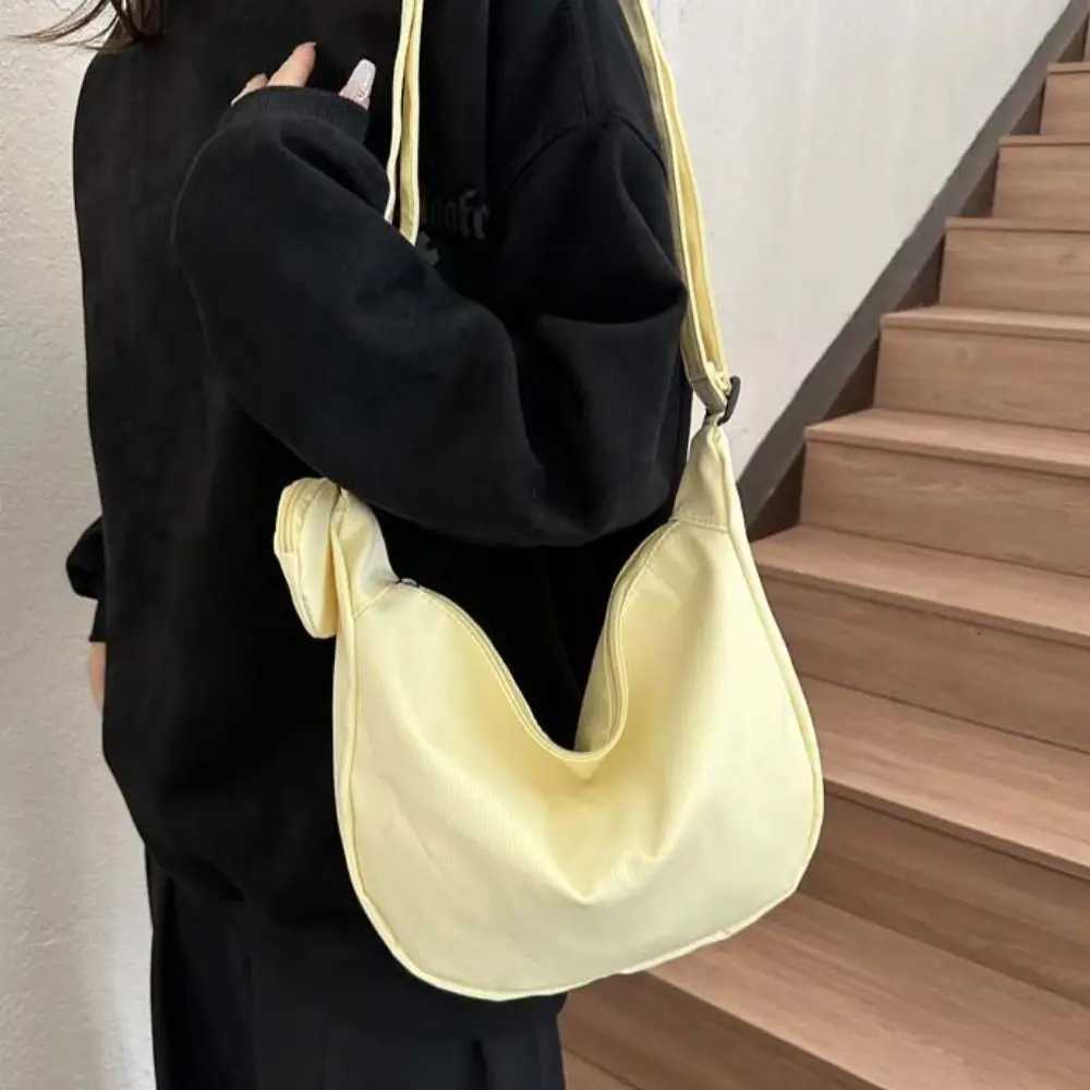 Korean Style Lightweight Shoulder Bag Cream Color Solid Color Canvas Bag with Coin Purse Messenger Bag Large Capacity Y250730