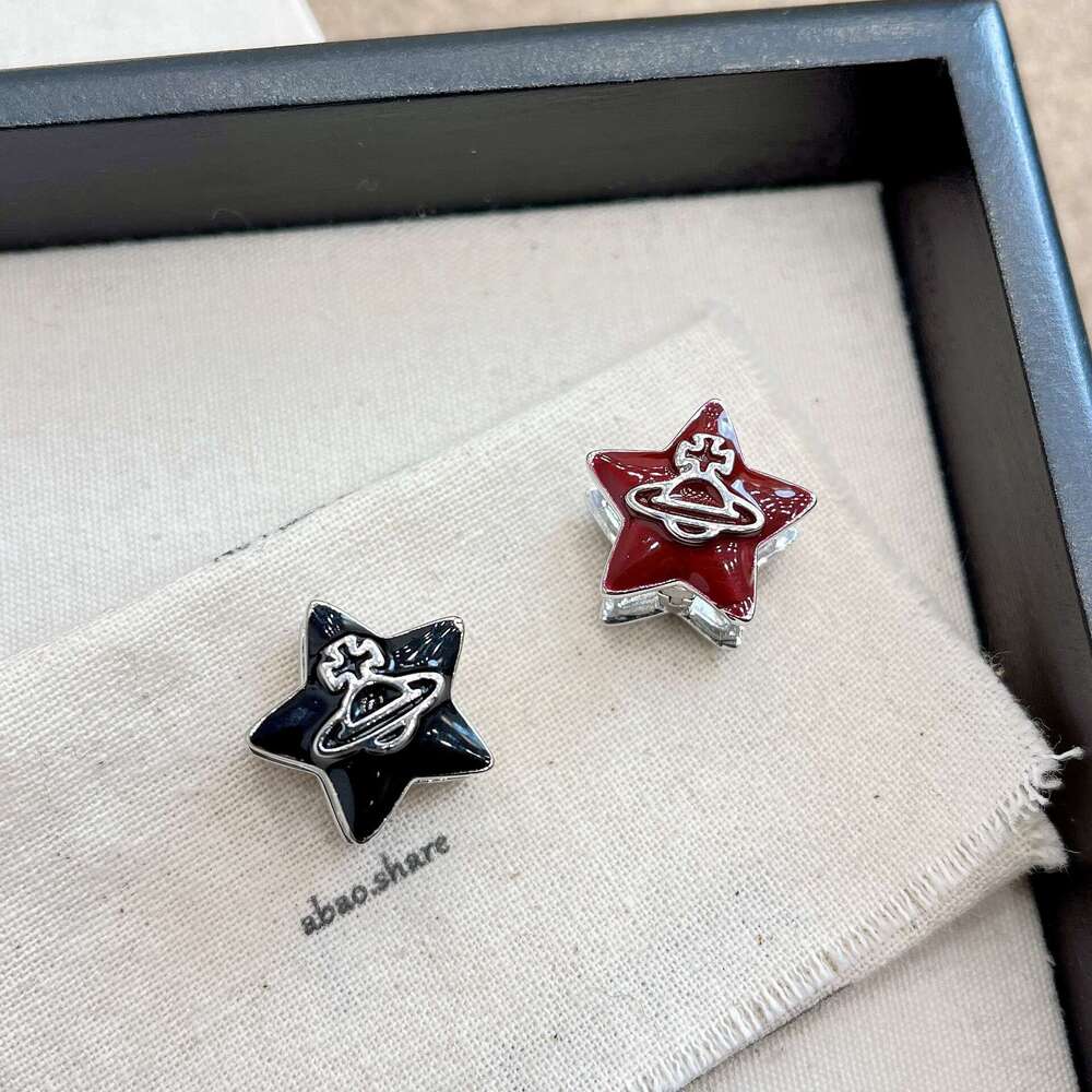 Super New French Enamel Black and Red Five-Pointed Star Double-Sided Saturn Earrings Elegant Fashion High-End Sense Ear Clips for Women a6f