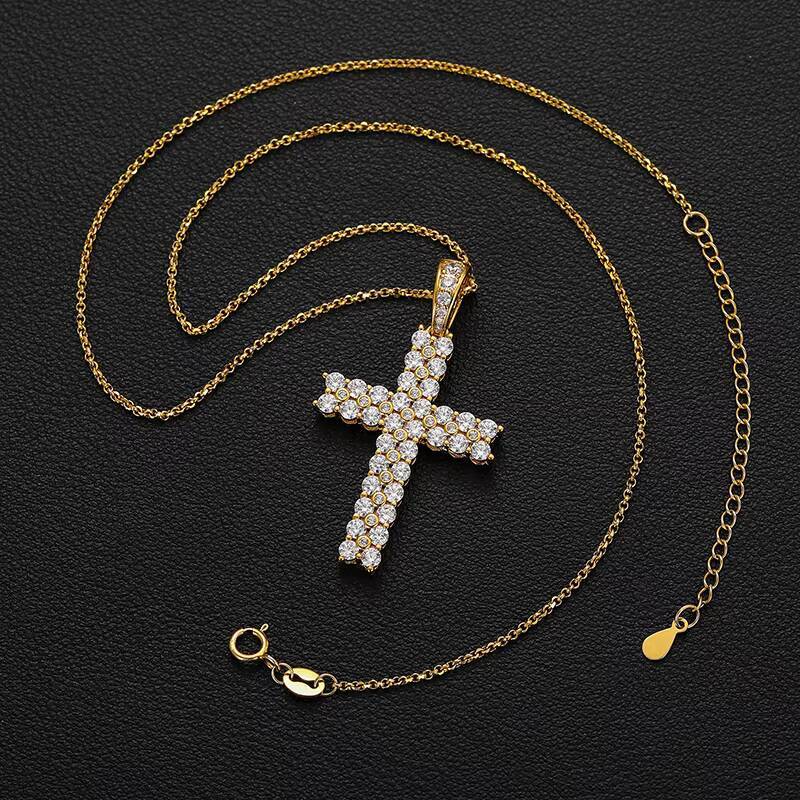 Best Selling Jewelry 925 Sterling Silver 2 Row VVS Moissanite Diamond Iced Out Hip Hop Cross Pendant Necklace