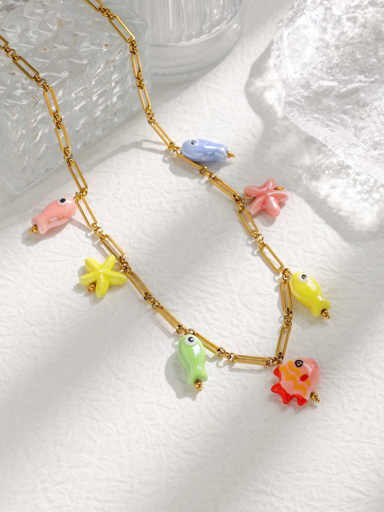 Fashion Stainless Steel Ceramic Starfish Fish Necklace for Women Girls Summer Beach Party Waterproof Cute Jewelry 250716