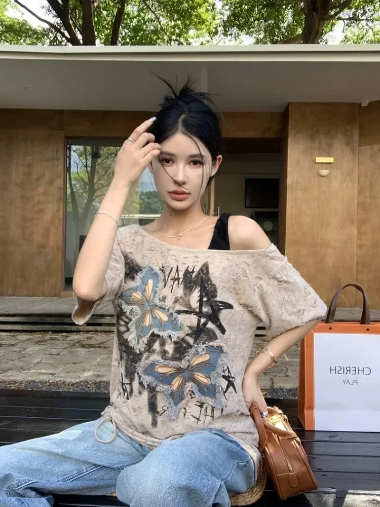 HOUZHOU Vintage Graphic Tshirts Women Harajuku Y2k Aesthetic 2000s Oversized Sexy Off Shoulder Short Sleeve Tshirts Grunge 250724