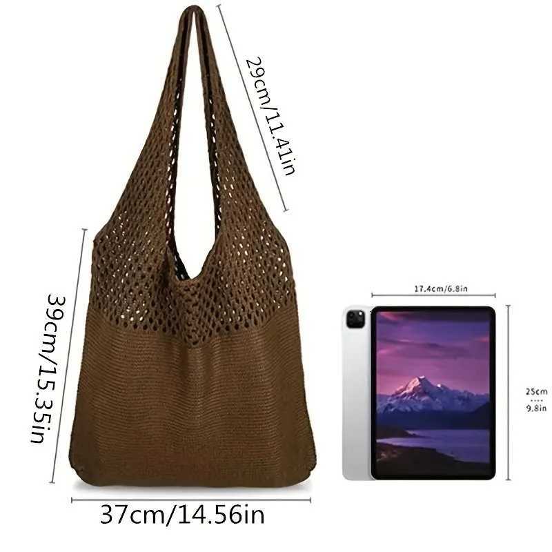 Aesthetic Hollow Out Crochet Bag Large Capacity Shoulder Bag Simple Knitted Tote Bag For Women Y250730