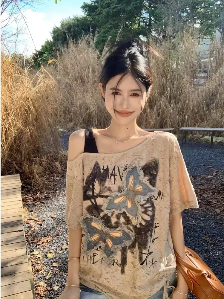 HOUZHOU Vintage Graphic Tshirts Women Harajuku Y2k Aesthetic 2000s Oversized Sexy Off Shoulder Short Sleeve Tshirts Grunge 250724
