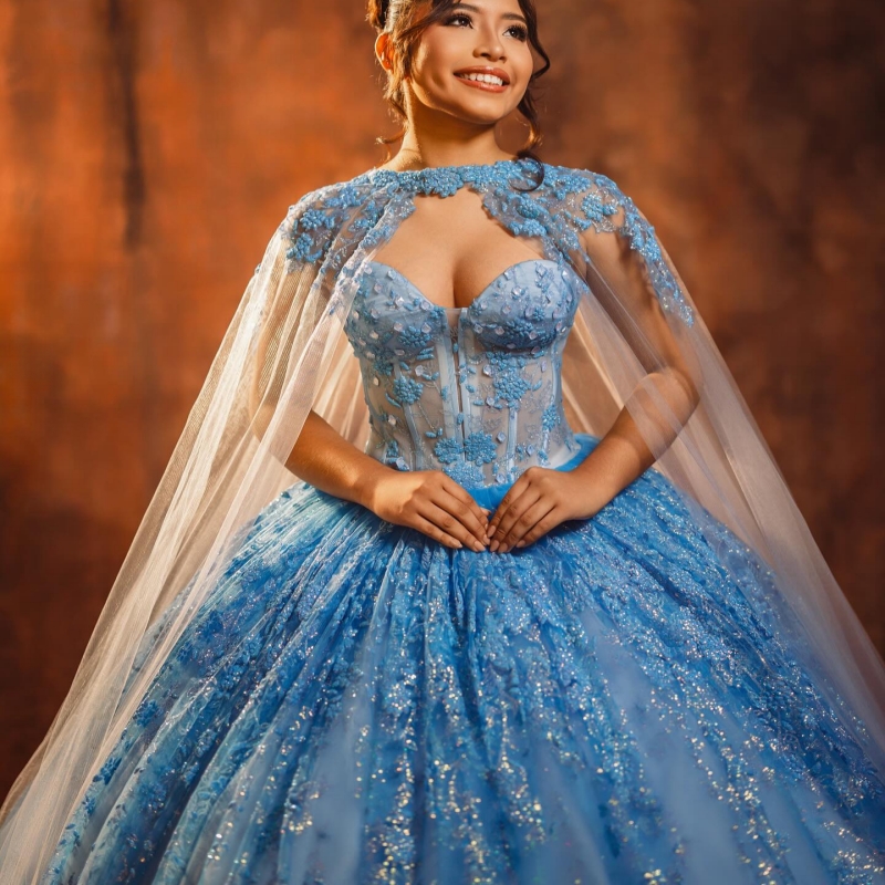 Blue Shiny Quinceanera Dresses Off The Shoulder Sequin Applique Lace Beads With Cape Tull Ball Gown Vestidos De 15 Anos Sweet 16 Dress