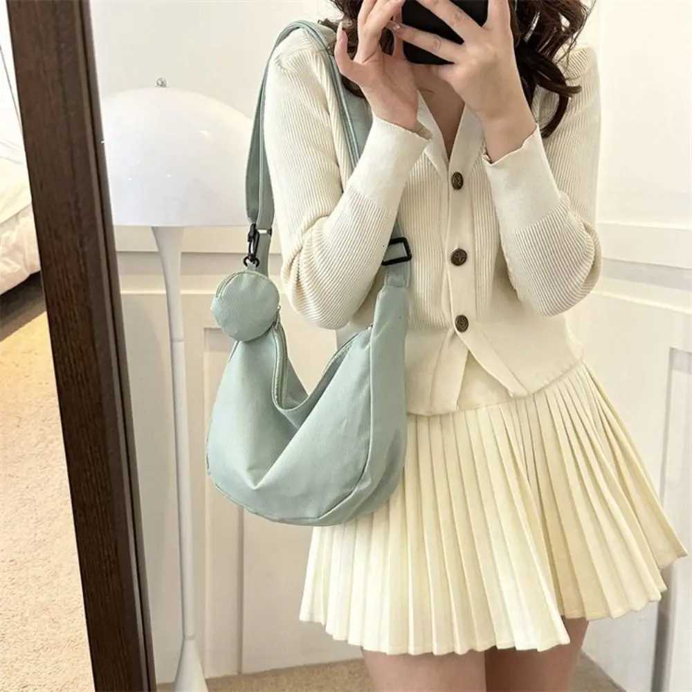 Korean Style Lightweight Shoulder Bag Cream Color Solid Color Canvas Bag with Coin Purse Messenger Bag Large Capacity Y250730